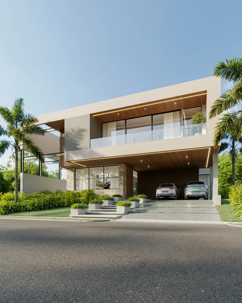 Render de Casa Enkanta 33: fachada de dos pisos con balcón de vidrio y garaje cubierto